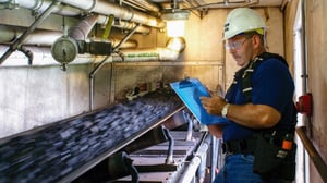Conveyor, Clipboard, Material, Hard Hat, Safety Glasses, Person, Steve