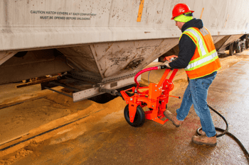 Man, Worker, Person, Impacting Railcar Opener, Safety Vest, Hard Hat, Railcar, Train Car